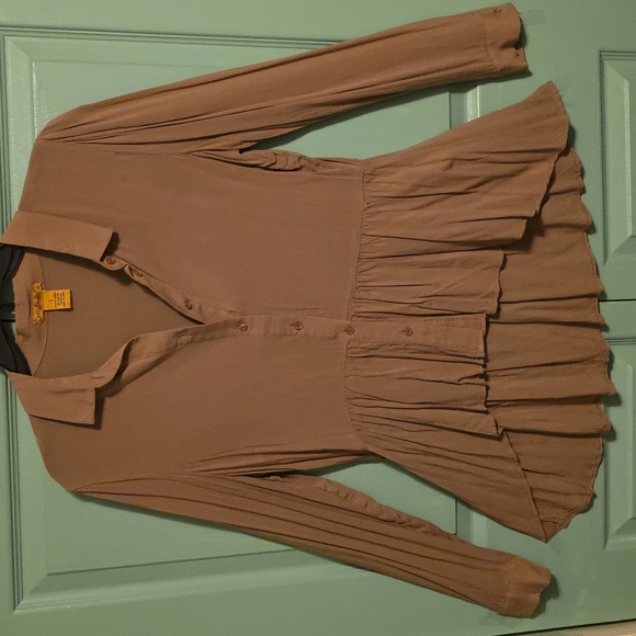 Finesse Blouse (Size L) Light Brown / Dk  Tan Color ~ High /Low Flownce Hem - Picture 5 of 7